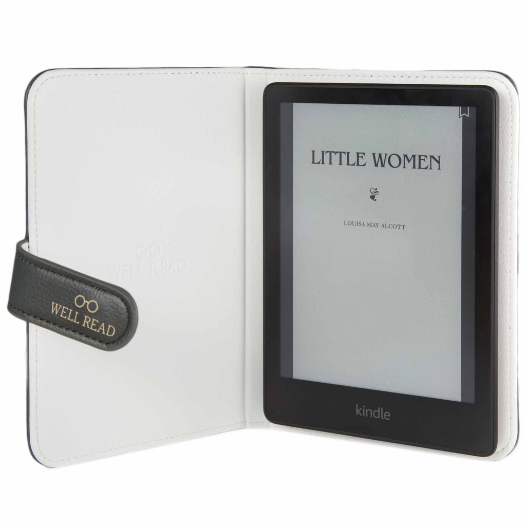 Little Women Green Kindle Case by Louisa May Alcott featuring Young Woman Profile, by Well Read Co. - Front View, Case Open
