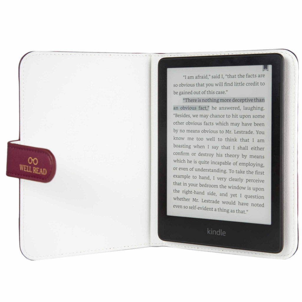 Sherlock Holmes Kindle Case: Burgundy Silhouette Design by Well Read Co. - Case Open