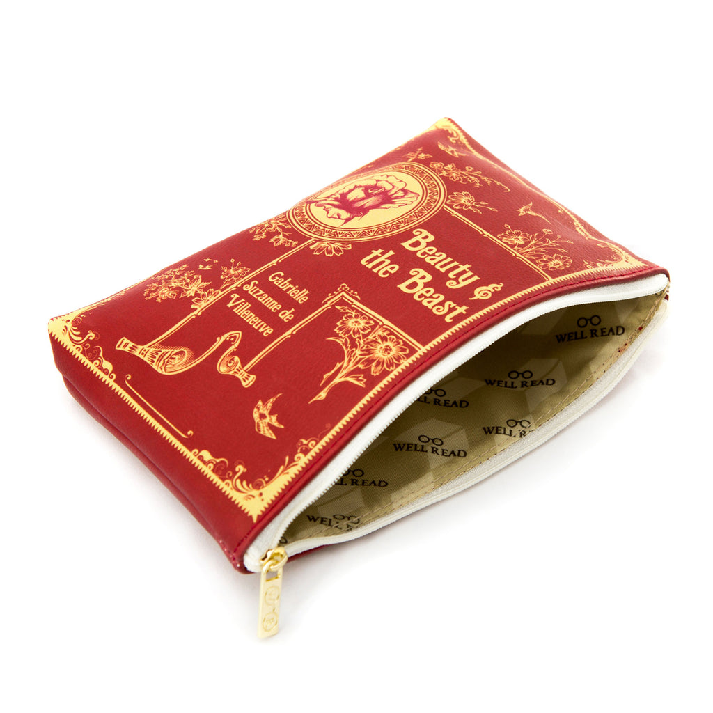 Beauty and the Beast Red Pouch Purse by Gabrielle-Suzanne de Villeneuve featuring Rose and Swallows design, by Well Read Co. - Opened Zipper
