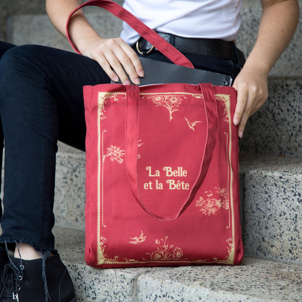 Beauty and the Beast Red Tote Bag by Gabrielle-Suzanne de Villeneuve featuring Gold Flowers and Swallows design, by Well Read Co. - With Open Bag