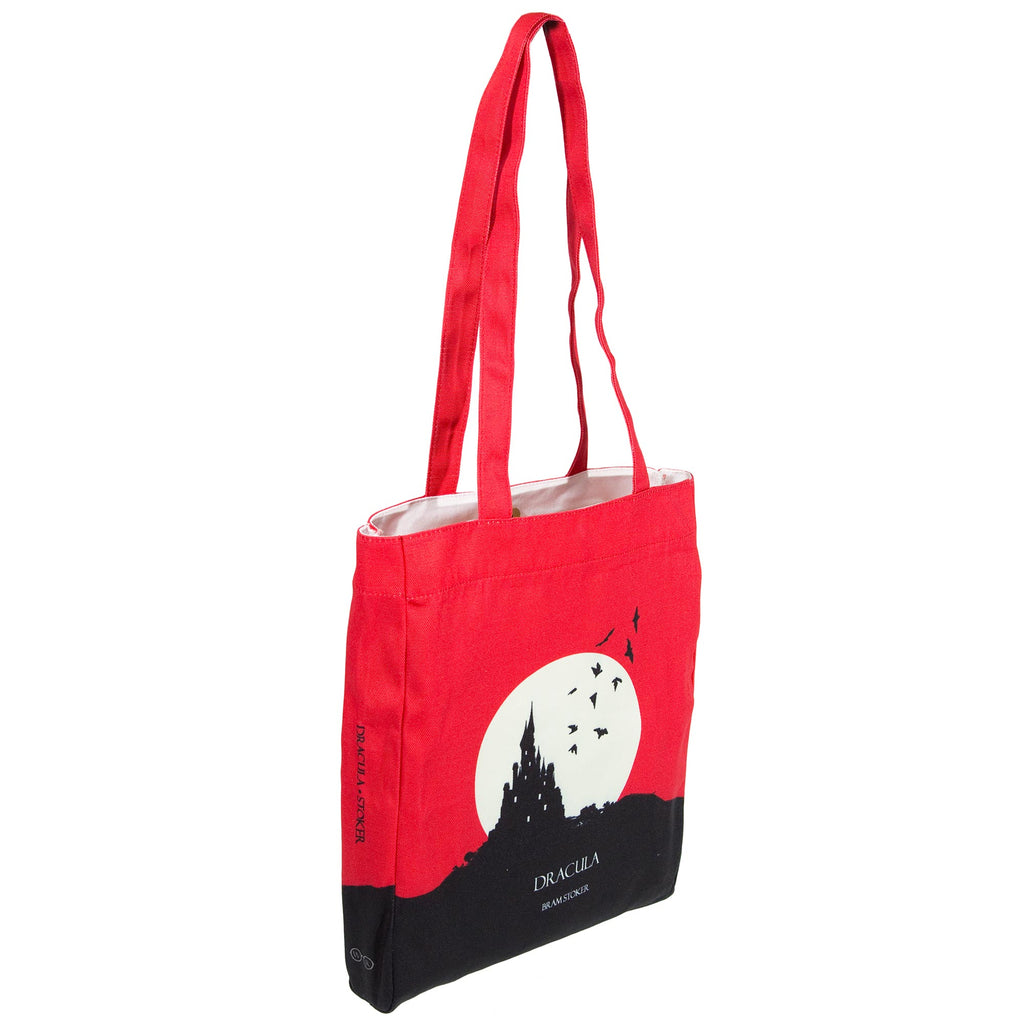 Dracula Red Tote Bag by Bram Stoker featuring Black Castle and Bats design, by Well Read Co. - Side