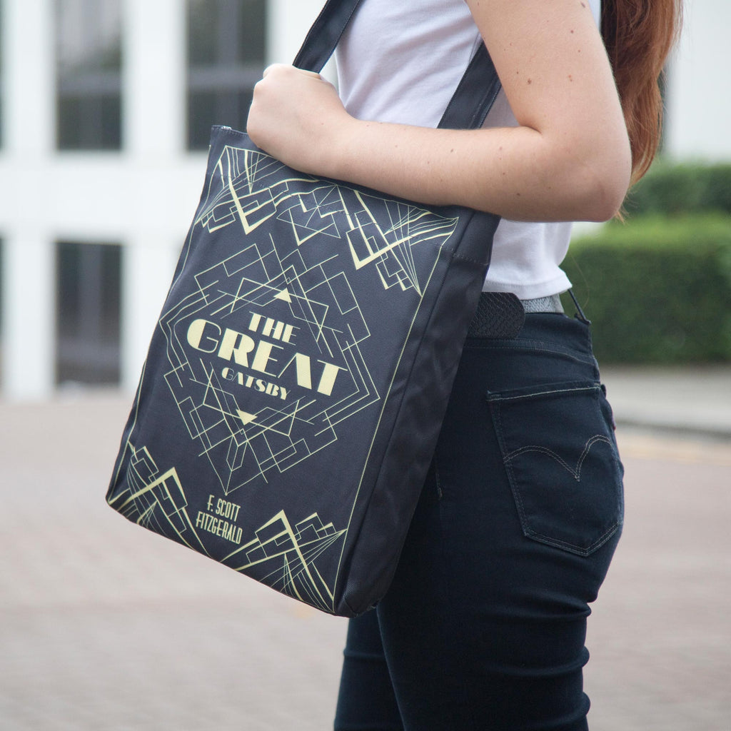 The Great Gatsby Black Tote Bag by F. Scott Fitzgerald featuring Art-Deco Lattice design, by Well Read Co. - Model
