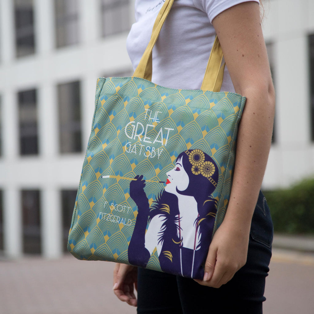 The Great Gatsby Tote Bag by F. Scott Fitzgerald featuring flapper girl, by Well Read Co. - Model with bag