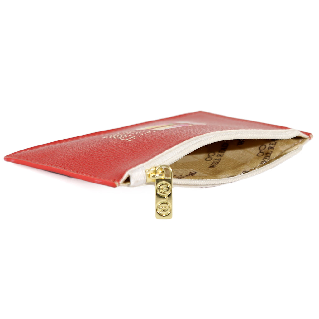 The Holy Bible Red Coin Purse by Well Read Co. featuring Stained-Glass Window design - Opened Zipper