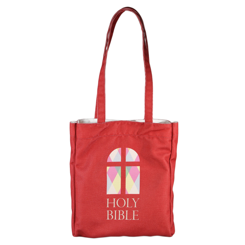 The Holy Bible Red Tote Bag by Well Read Co. featuring Stained-Glass Window design - Front