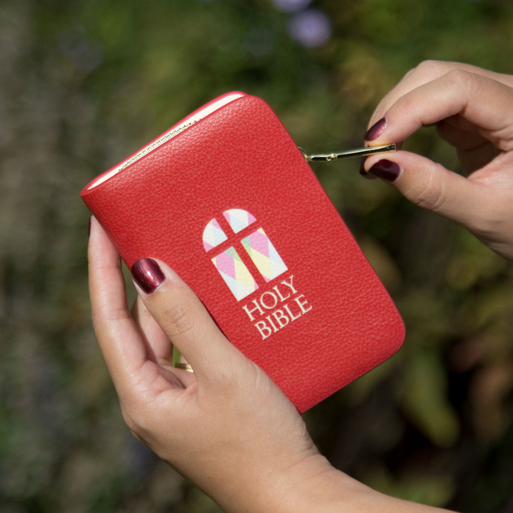 The Holy Bible Red Wallet by Well Read Co. featuring Stained-Glass Window design - Hand