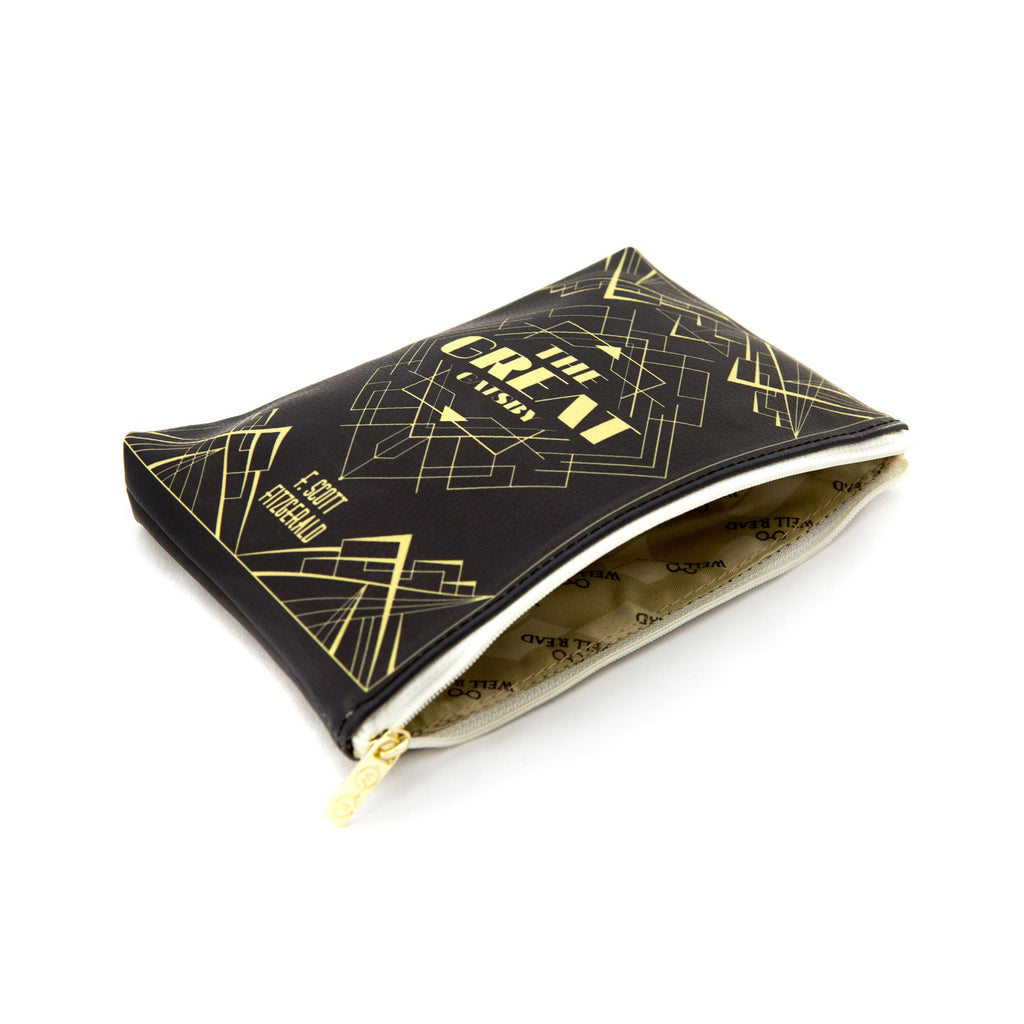 The Great Gatsby Black and Gold Pouch Purse by F. Scott Fitzgerald featuring Art Deco Lattice design, by Well Read Co. - Opened Zipper