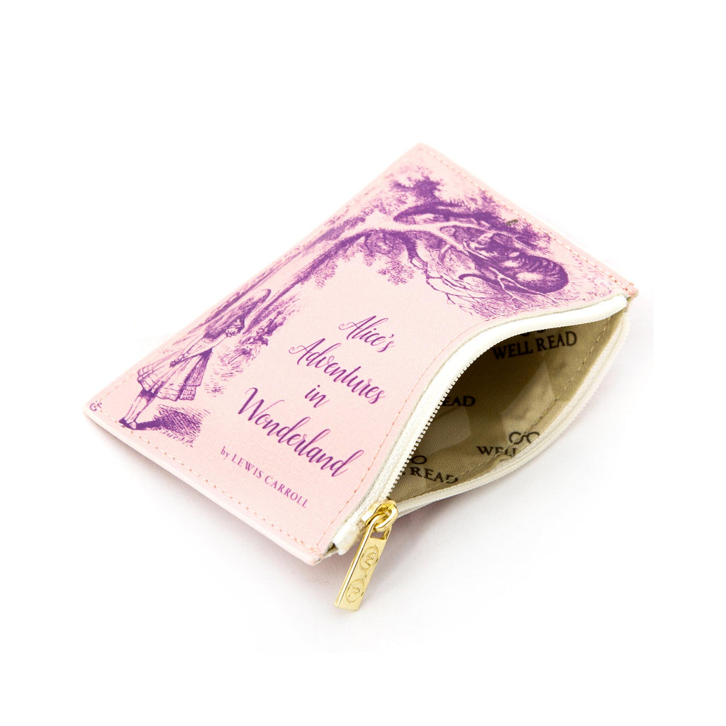 Alice's Adventures in Wonderland Pink Coin Purse by Lewis Carroll featuring Alice and Cheshire Cat design, by Well Read Co. - Opened Zipper