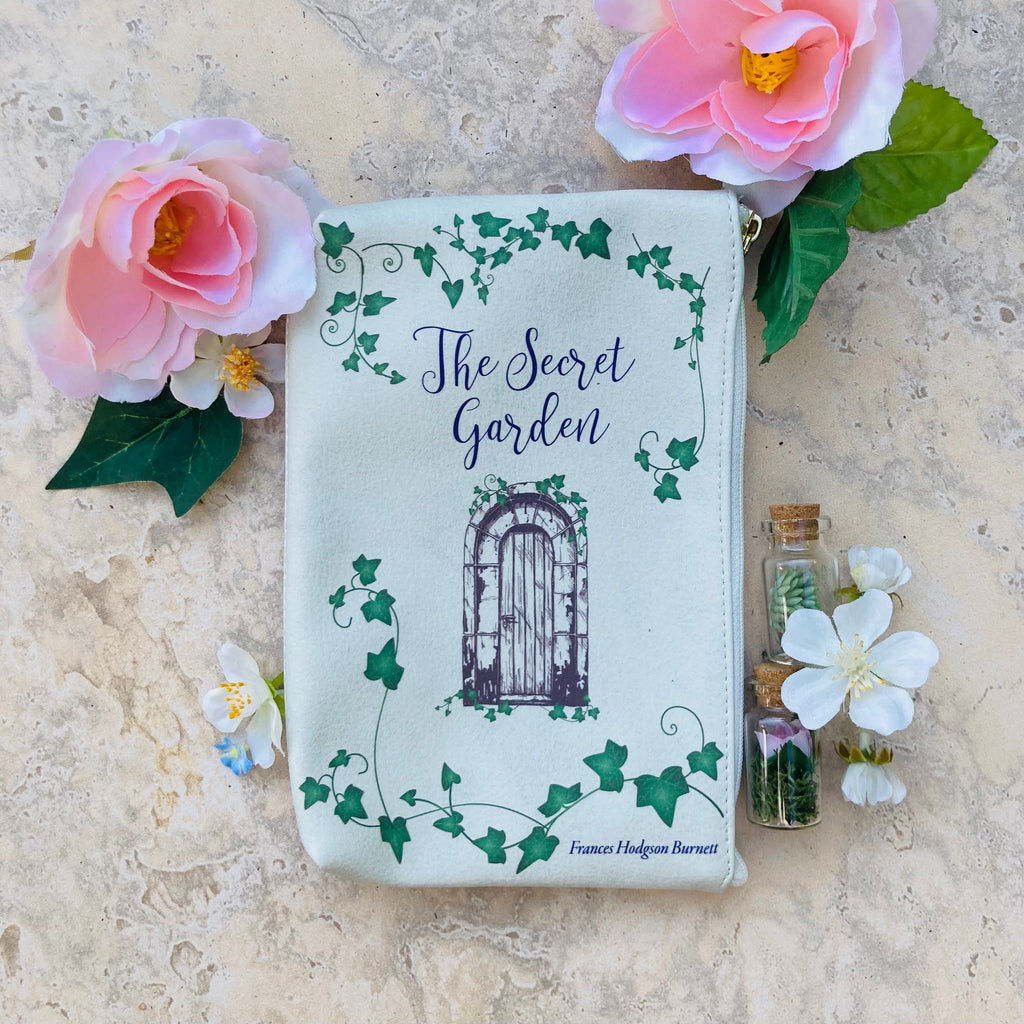 The Secret Garden Green Pouch Purse by F.H. Burnett featuring Ivy-covered Gate design, by Well Read Co. - Front