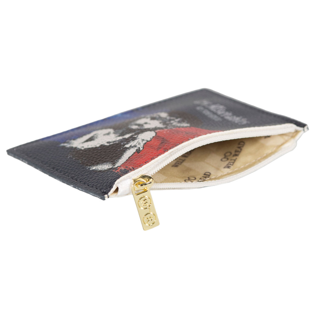 Les Misérables Navy Coin Purse by Victor Hugo featuring Cosette over French flag design, by Well Read Co. - Opened Zipper