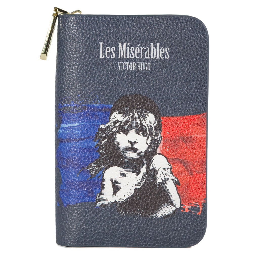 Les Misérables Blue Zip Around Wallet by Victor Hugo featuring Cosette against French flag design, by Well Read Co. - Front