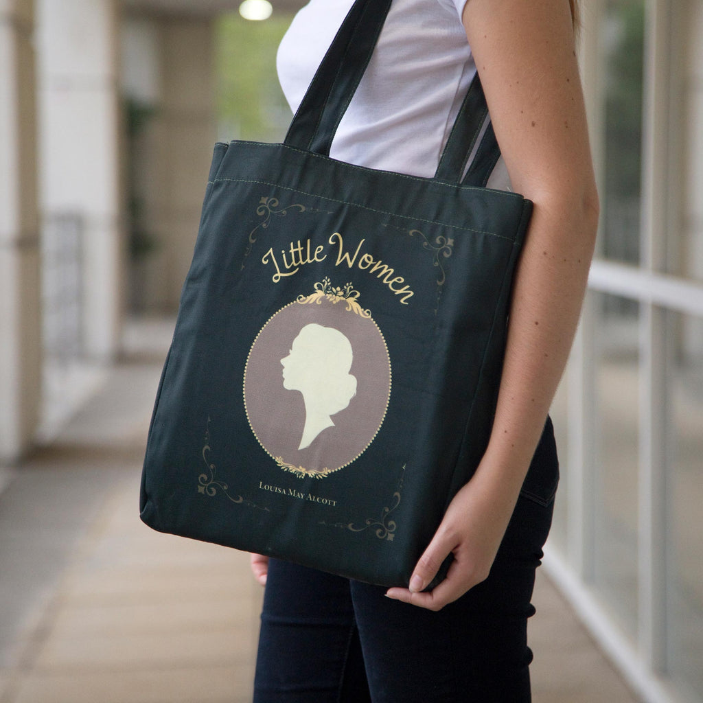 Little Women Green Tote Bag by Louisa May Alcott featuring Young Woman Profile design, by Well Read Co. - Model Standing with Bag