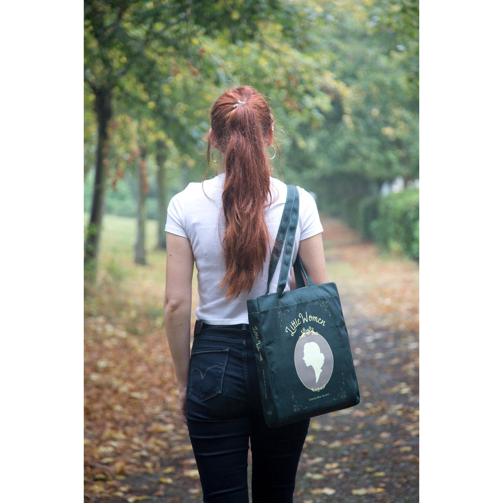 Little Women Green Tote Bag by Louisa May Alcott featuring Young Woman Profile design, by Well Read Co. - Model Back Side