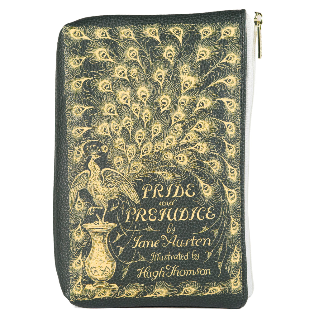 Pride and Prejudice Green Pouch Purse by Jane Austen with Gold Peacock design, by Well Read Co. - Front