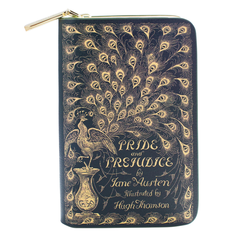 Pride and Prejudice Green Wallet Purse by Jane Austen with Gold Peacock design, by Well Read Co. - Front