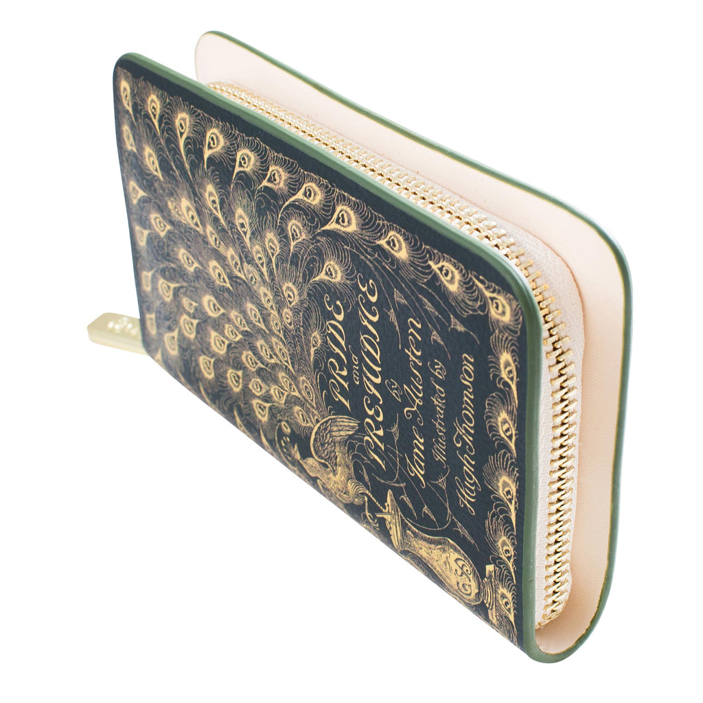 Pride and Prejudice Green Wallet Purse by Jane Austen with Gold Peacock design, by Well Read Co. - Side