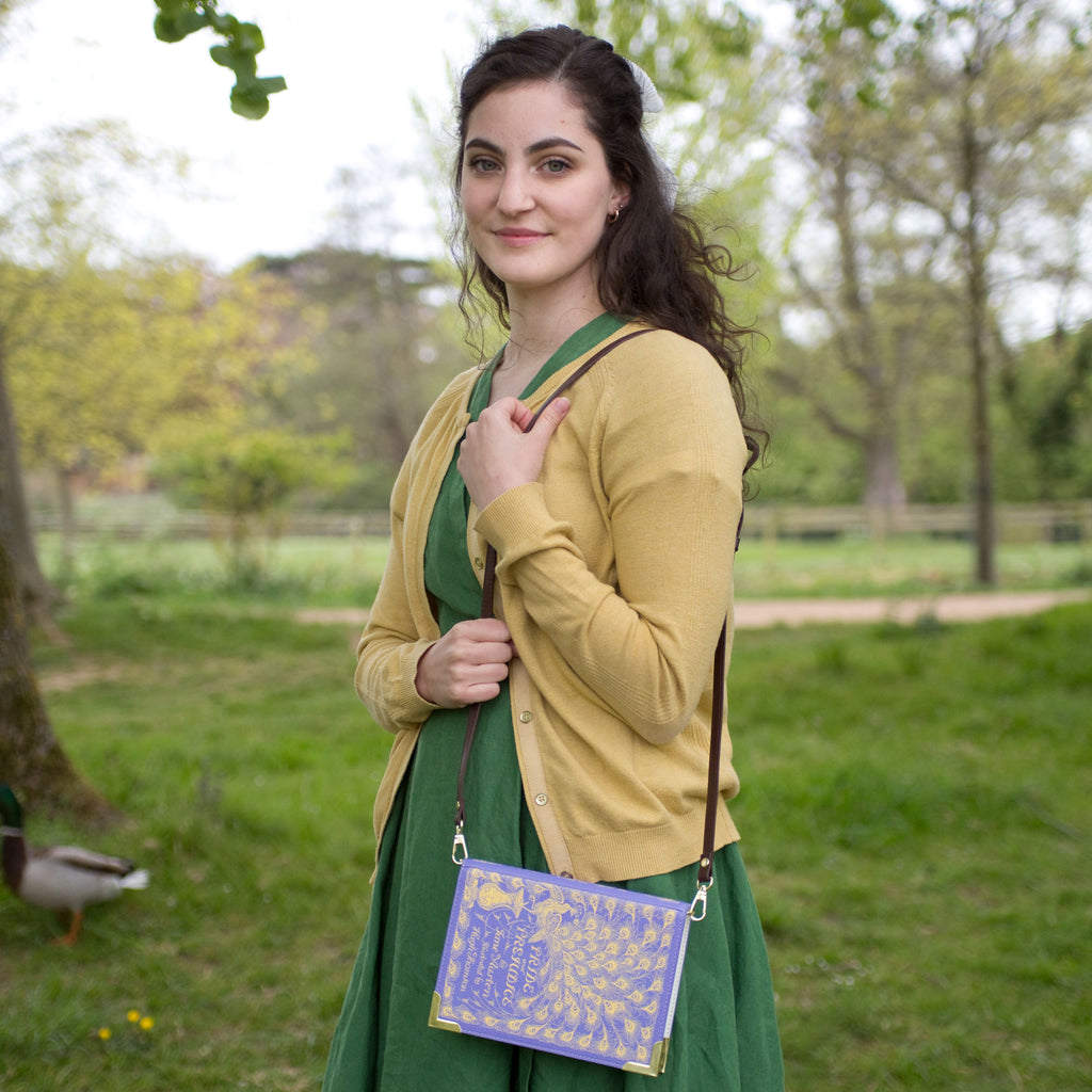 Pride and Prejudice Purple Book Bag by Jane Austen featuring Peacock design, by Well Read Co. - Model Standing