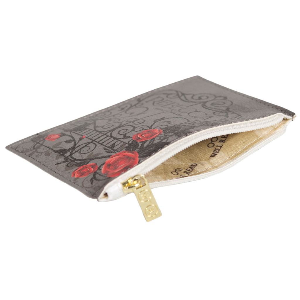Rebecca Grey Coin Purse by Daphne du Maurier featuring Ornate Gate covered in Roses design, by Well Read Co. - Opened Zipper