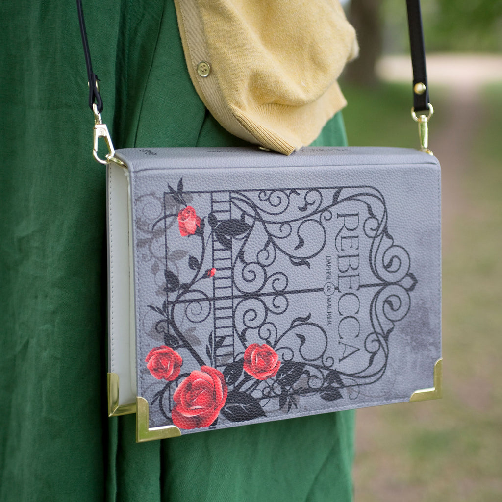 Rebecca Grey Handbag by Daphne du Maurier featuring Ornate Gate covered in Roses design, by Well Read Co. - Model with bag