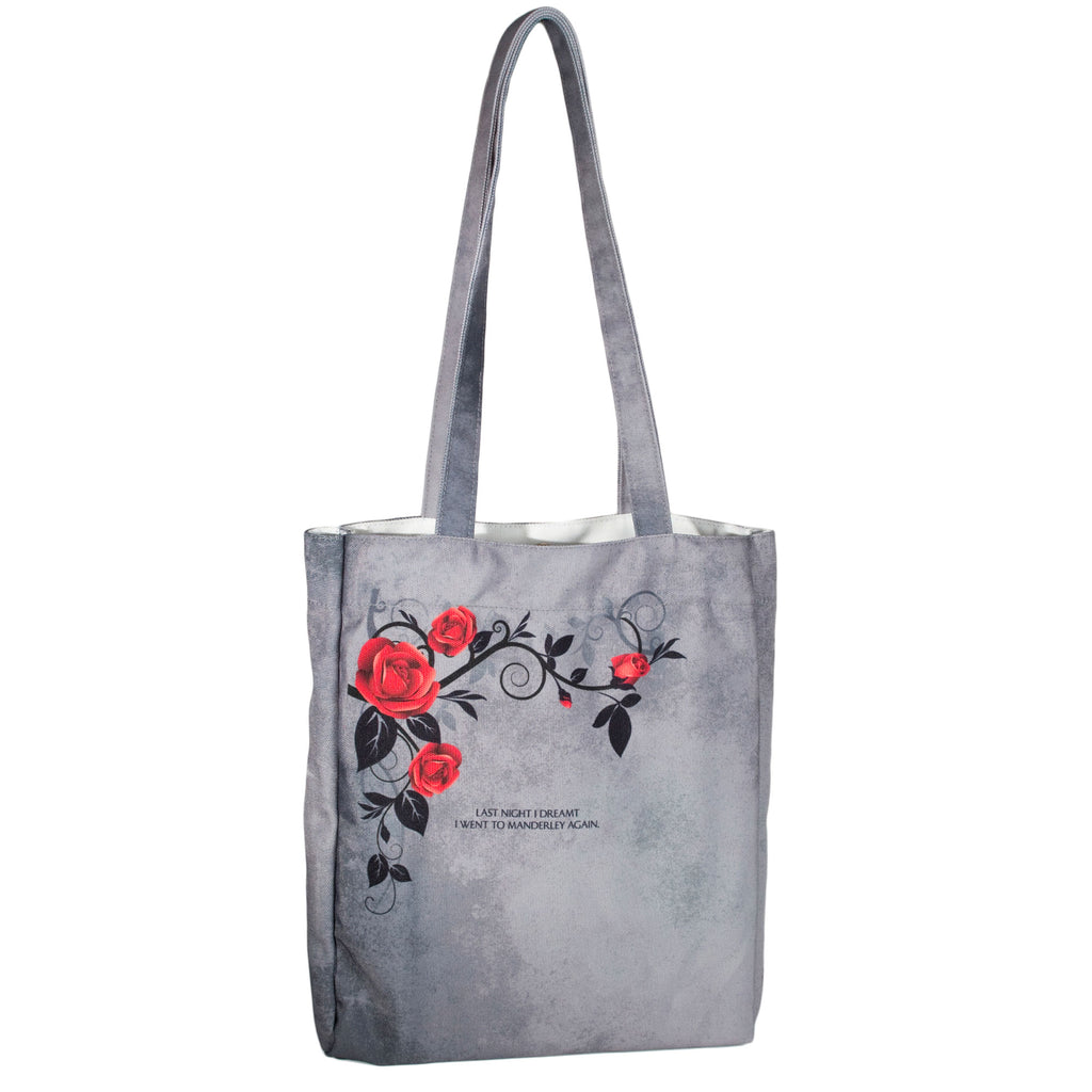 Rebecca Grey Tote Bag by Daphne du Maurier featuring Ornate Gate covered in Roses design, by Well Read Co. - Back