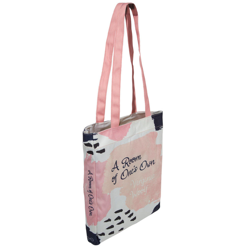A Room of One's Own Pink and Blue Tote Bag by Virginia Woolf featuring Paint Splotches design, by Well Read Co. - Side