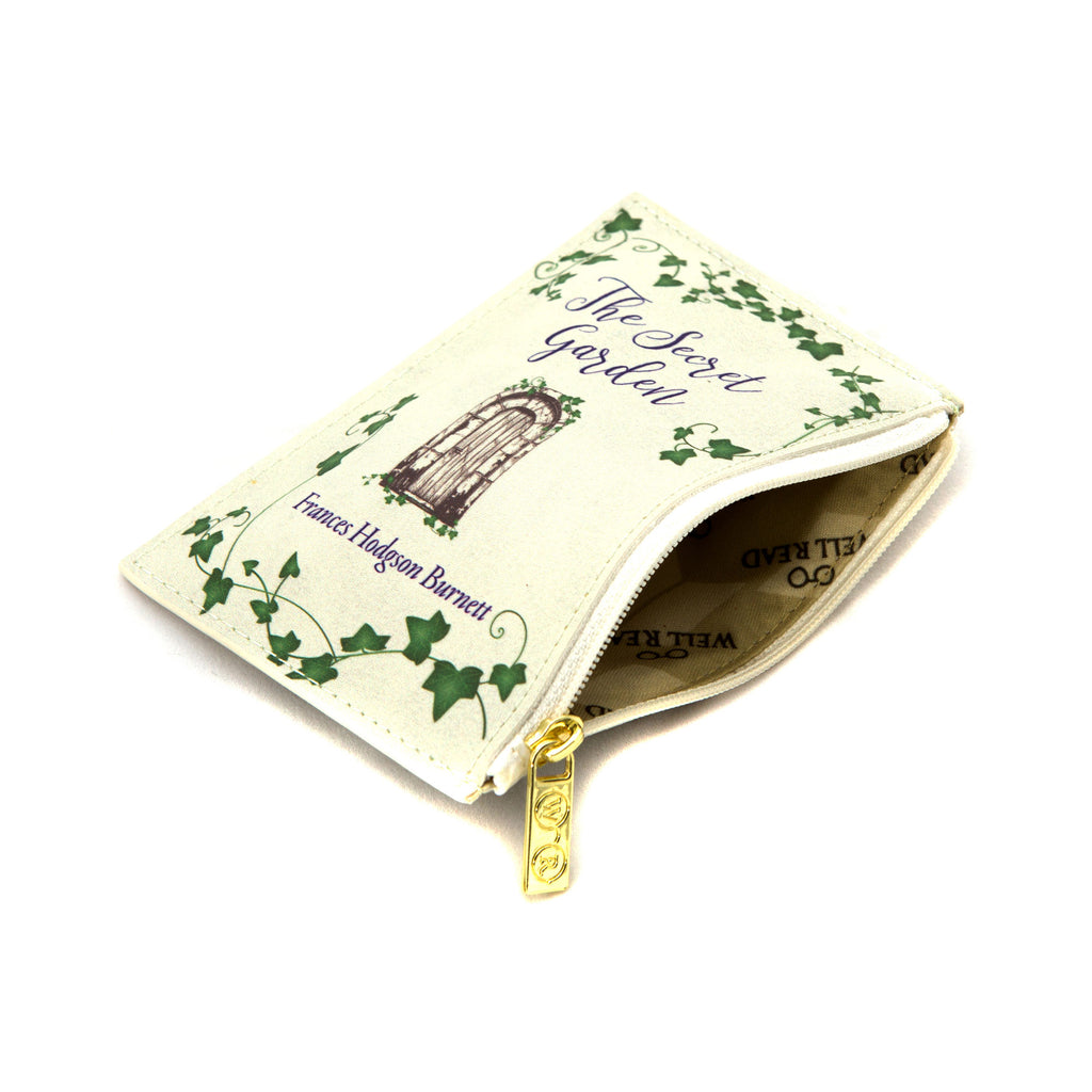 The Secret Garden Grey Coin Purse by F.H. Burnett featuring Ornate Gate design, by Well Read Co. - Opened Zipper