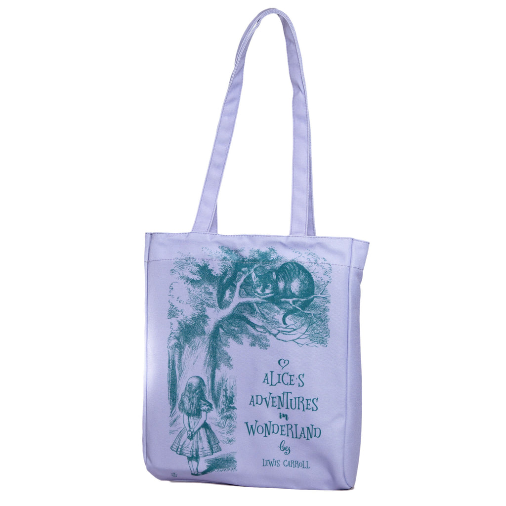 Alice's Adventures in Wonderland Purple Tote Bag by Lewis Carroll featuring Alice and Cheshire Cat design, by Well Read Co. - Front
