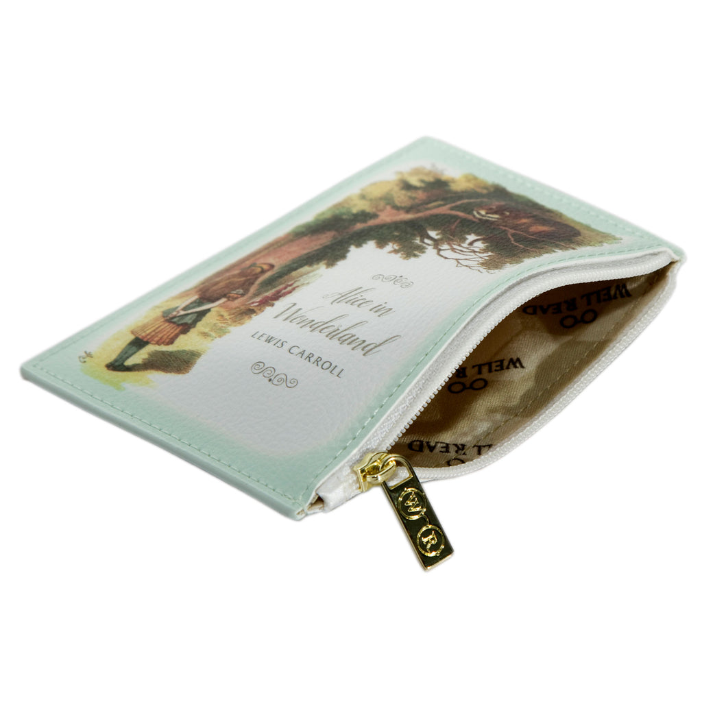 Alice in Wonderland Green Coin Purse by Lewis Carroll featuring Mad Hatter's Tea Party design, by Well Read Co. - Opened Zipper