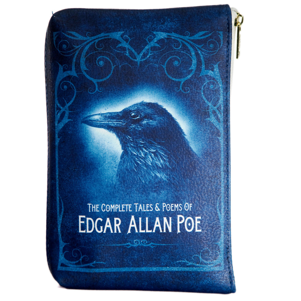 Complete Tales and Poems Blue Pouch Purse by Edgar Allan Poe featuring Spooky Raven design, by Well Read Co. - Front
