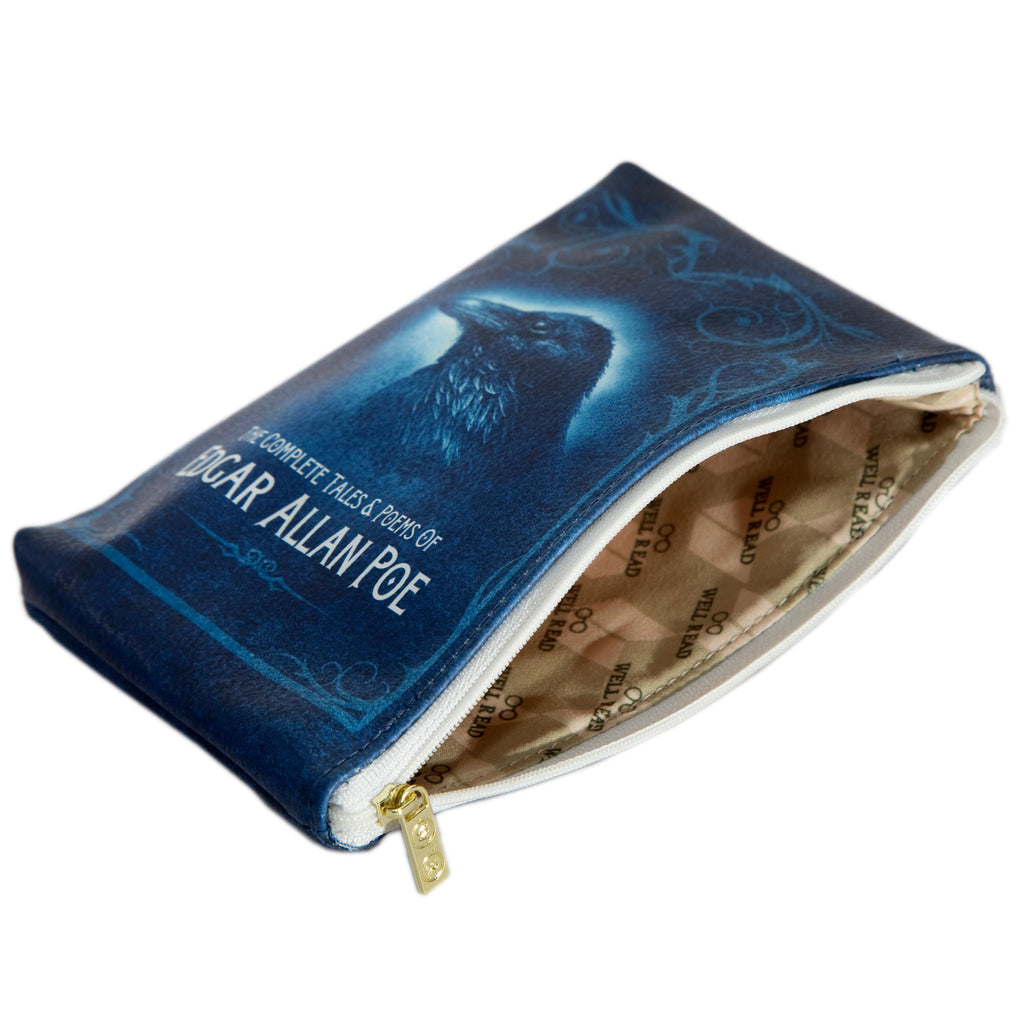 Complete Tales and Poems Blue Pouch Purse by Edgar Allan Poe featuring Spooky Raven design, by Well Read Co. - Open