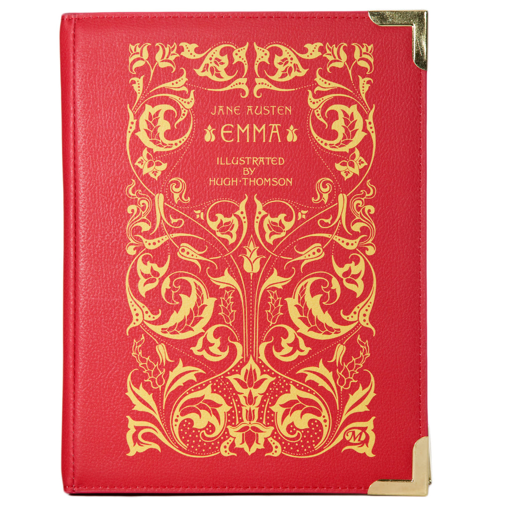 Emma Red Handbag by Jane Austen with Ornate Gold Leaf design, by Well Read Co. - Front