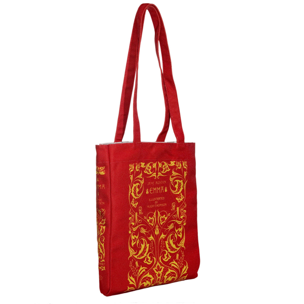 Emma Red Tote Bag by Jane Austen featuring Gold Leaf design, by Well Read Co. - Side