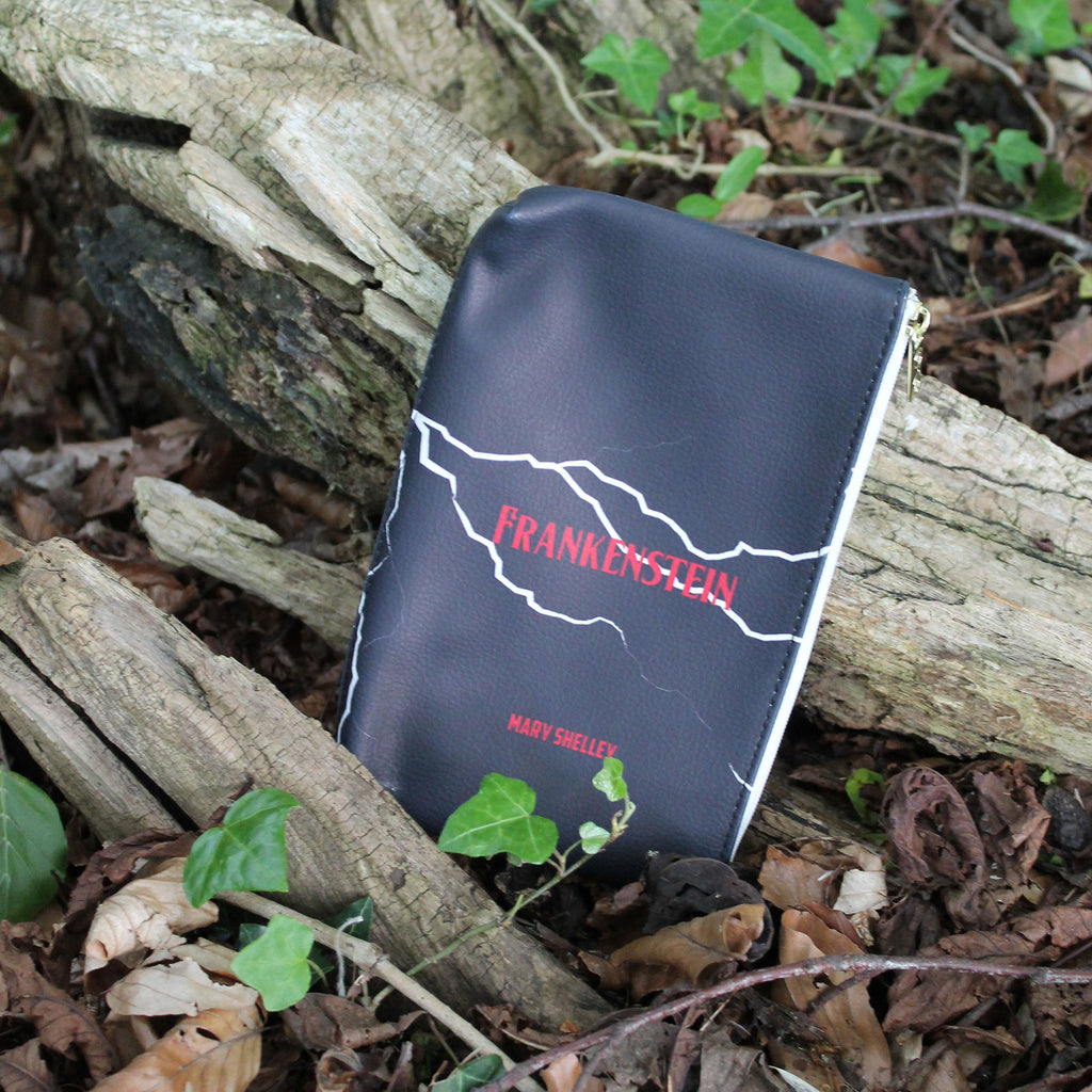 Frankenstein Black Pouch Purse by Mary Shelley featuring Lightning Flash design, by Well Read Co. - Pouch in the Woods