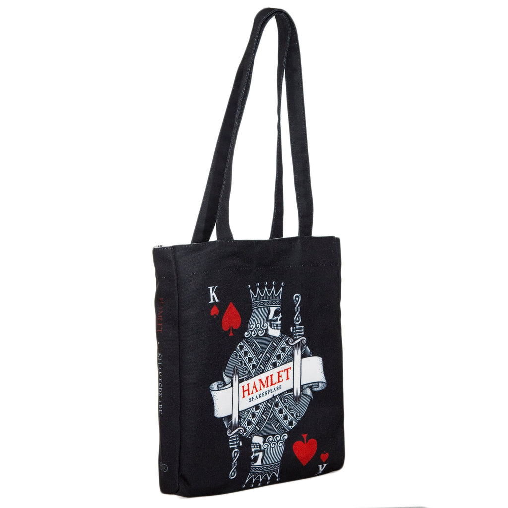 Hamlet Black Tote Bag by William Shakespeare featuring Playing Card and Skull design, by Well Read Co. - Side
