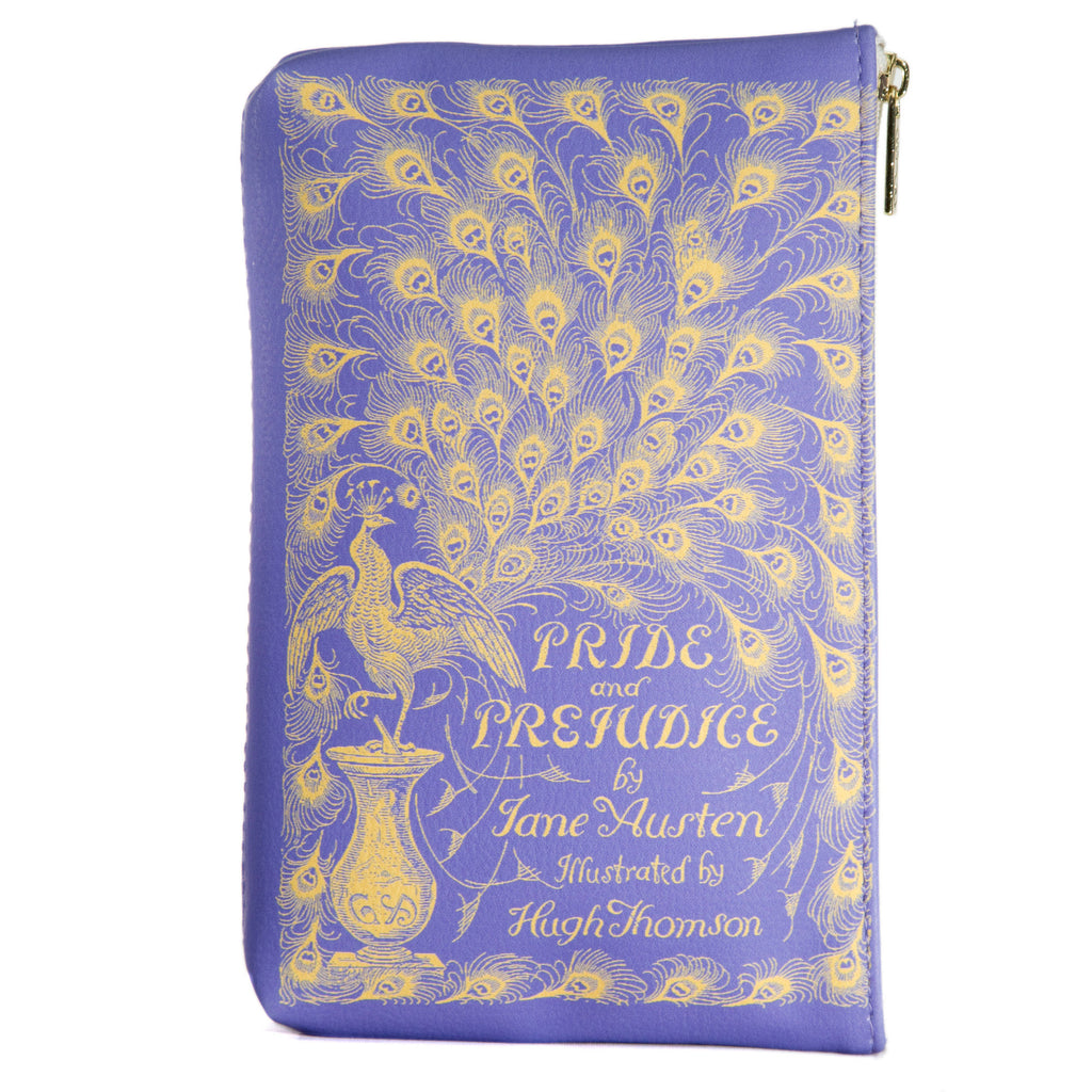 Pride and Prejudice Purple Pouch Purse by Jane Austen with Peacock design, by Well Read Co. - Front