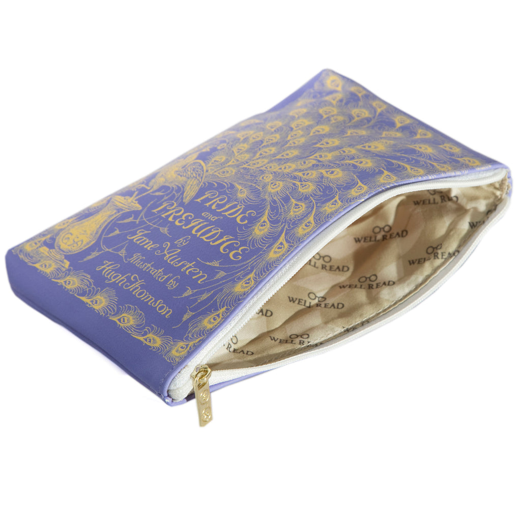 Pride and Prejudice Purple Pouch Purse by Jane Austen with Peacock design, by Well Read Co. - Opened