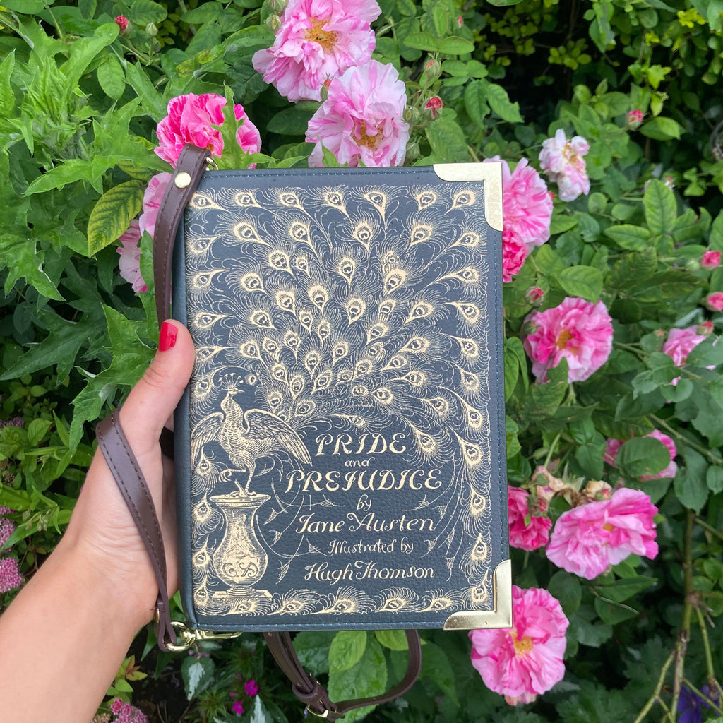 Book-shaped Pride and Prejudice Green Crossbody Purse by Jane Austen with Gold Peacock Feather design, by Well Read Co. - Handbag