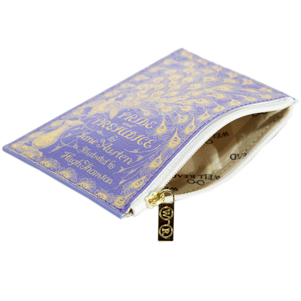 Pride and Prejudice Purple Coin Purse by Jane Austen featuring Peacock and Tail Feathers design, by Well Read Co. - Opened Zipper