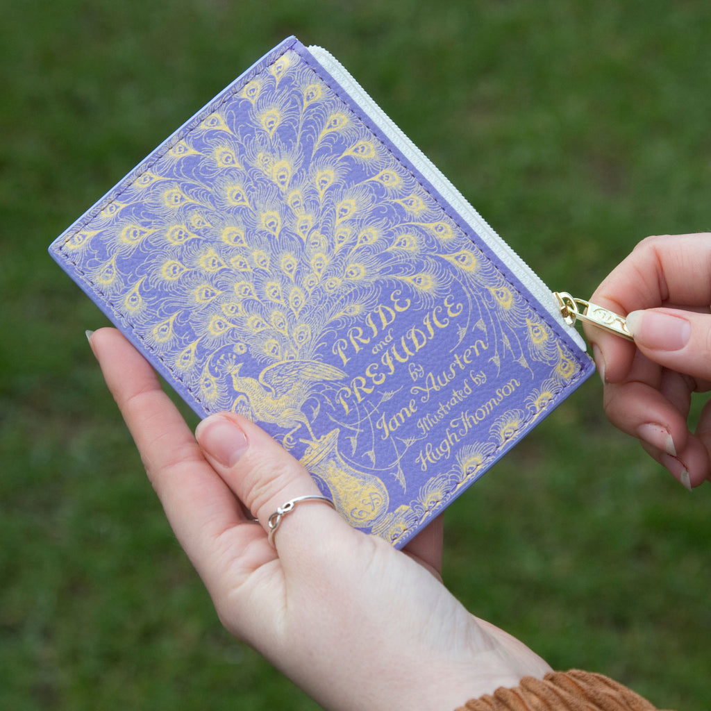 Pride and Prejudice Purple Coin Purse by Jane Austen featuring Peacock and Tail Feathers design, by Well Read Co. - Hand