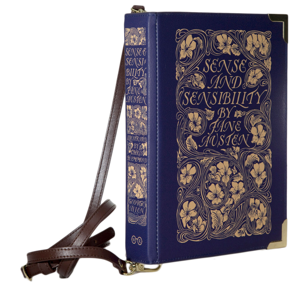 Sense and Sensibility Blue Handbag by Jane Austen with Ornate Gold Flower design, by Well Read Co. - Side