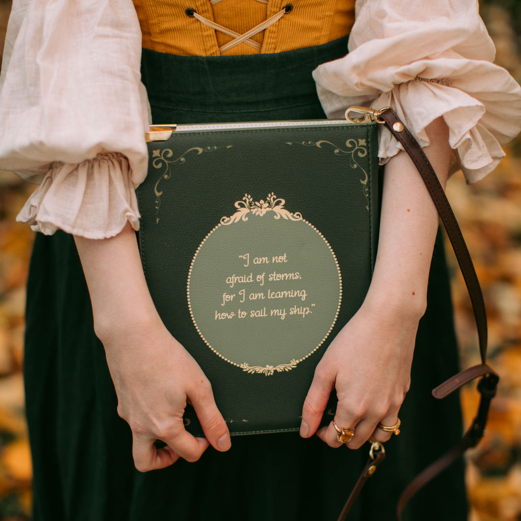 Little Women Green Handbag by Louisa May Alcott featuring Young Woman Profile design, by Well Read Co. - Model with bag